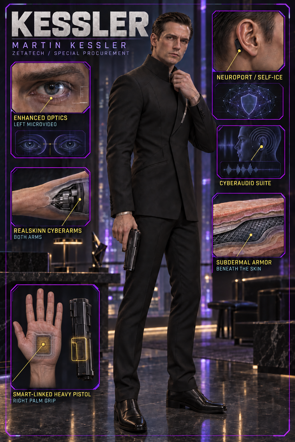 Martin Kessler in tailored businesswear with a heavy pistol; illustrated cutaways identify concealed Realskinn cyberarms, subdermal armor, left-eye MicroVideo, Cyberaudio, Neuroport defenses and a right-palm smartgun grip.