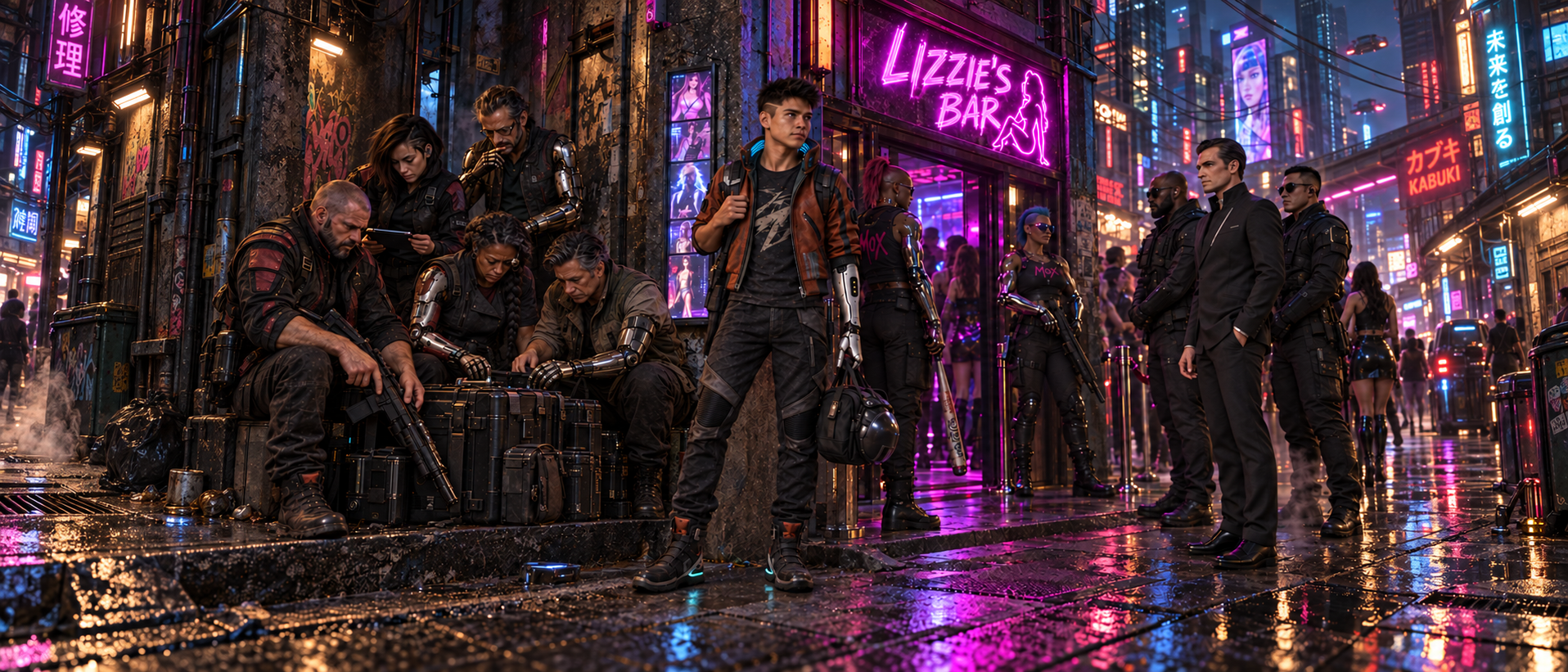 Rabbit outside Lizzie's Bar; Second Shift gathers in the left alley while Kessler and two escorts wait near the Mox-guarded entrance. A distant tower carries a small luminous ad.
