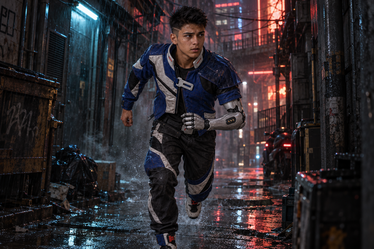 Running through a narrow alley in the rain.